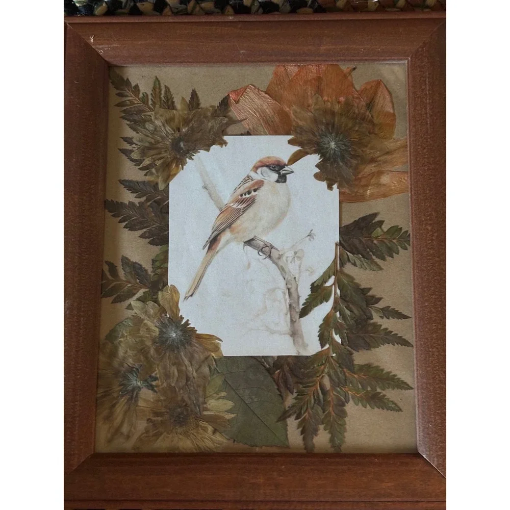 Vintage Framed Pressed Flower Bird Art Wood Frame Botanical Wall Decor 10x12